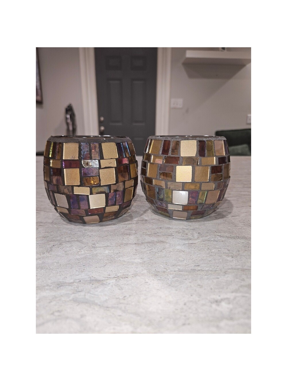 Stained Glass Mosaic Candle Holder Set Gold Purple Amber Votive Tea Light 2pc